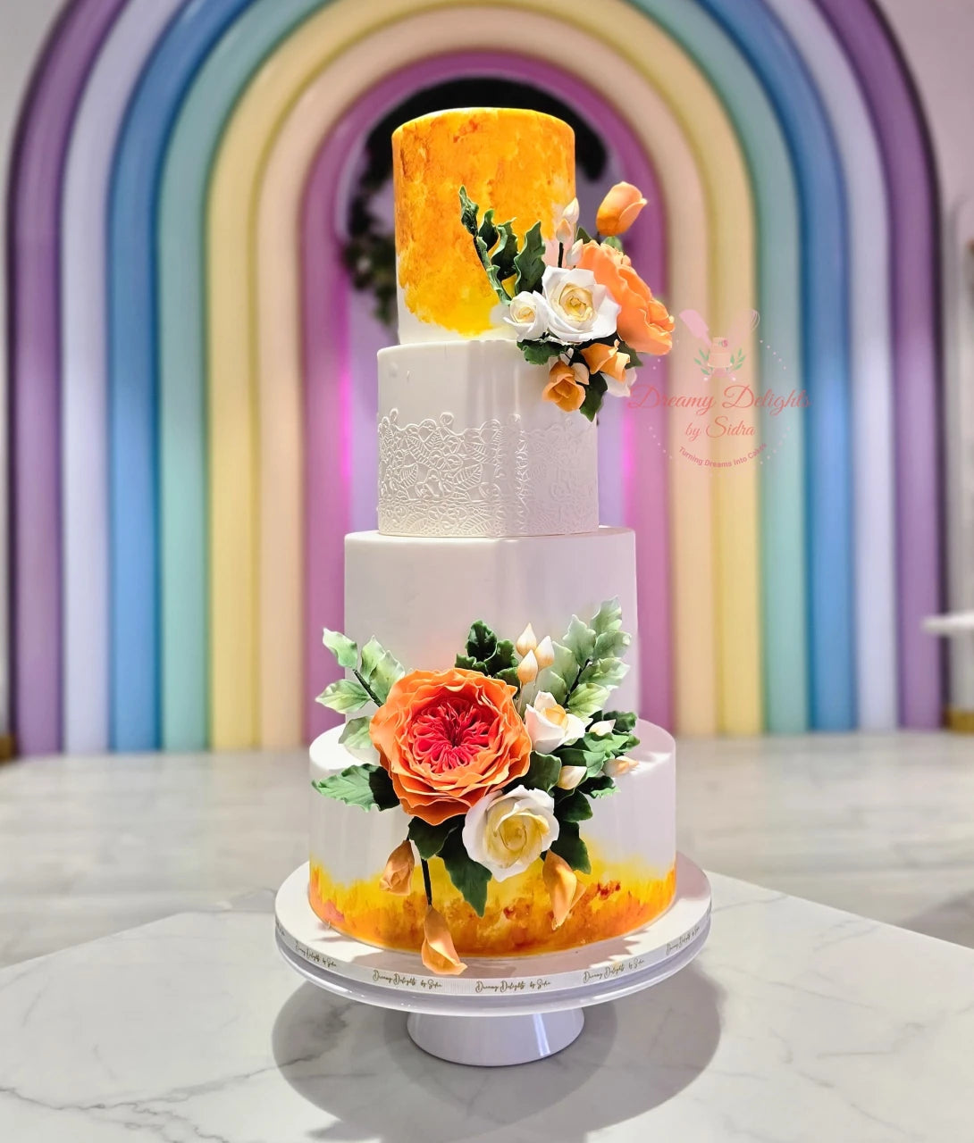 Orange Floral Wedding Cake