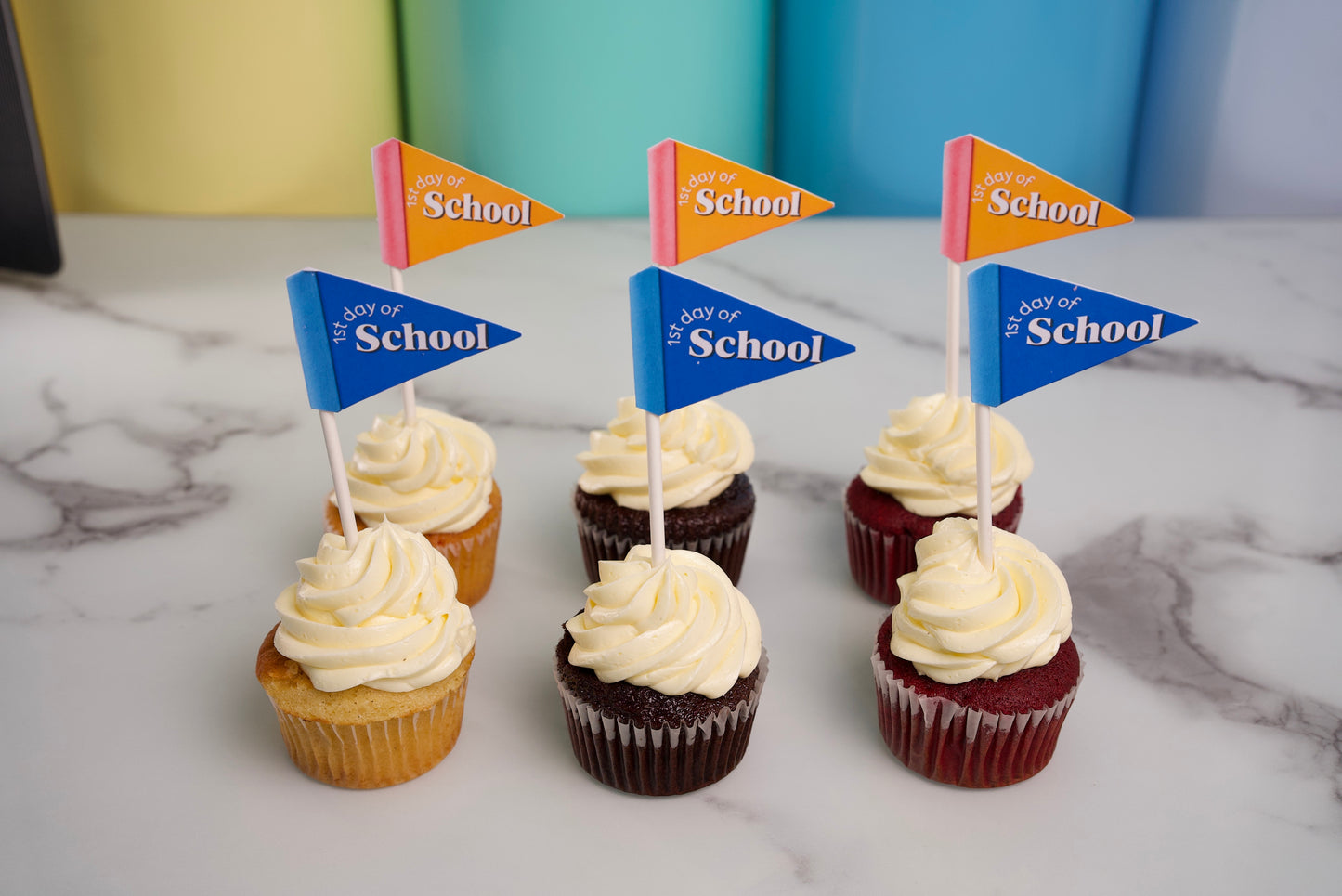 1st Day of School cupcakes with colourful school flags for kids