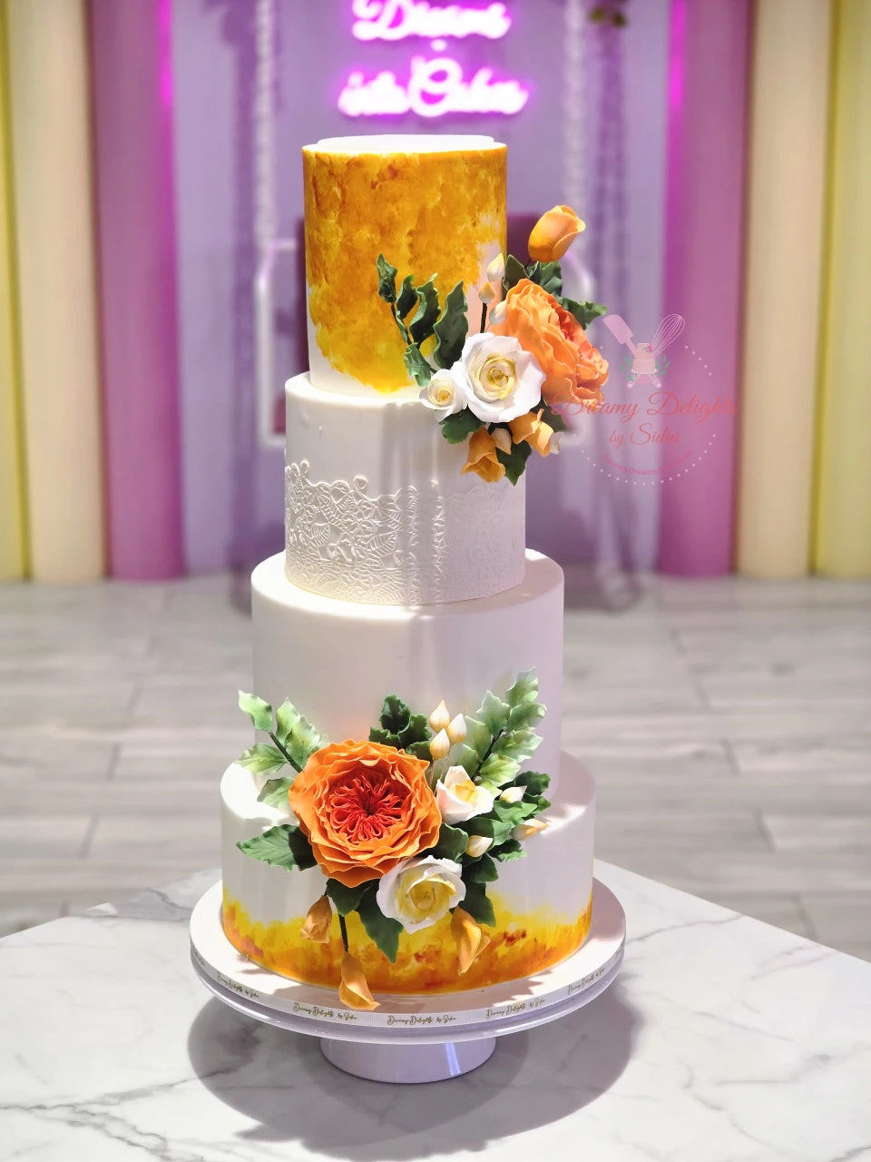 Orange Floral Wedding Cake