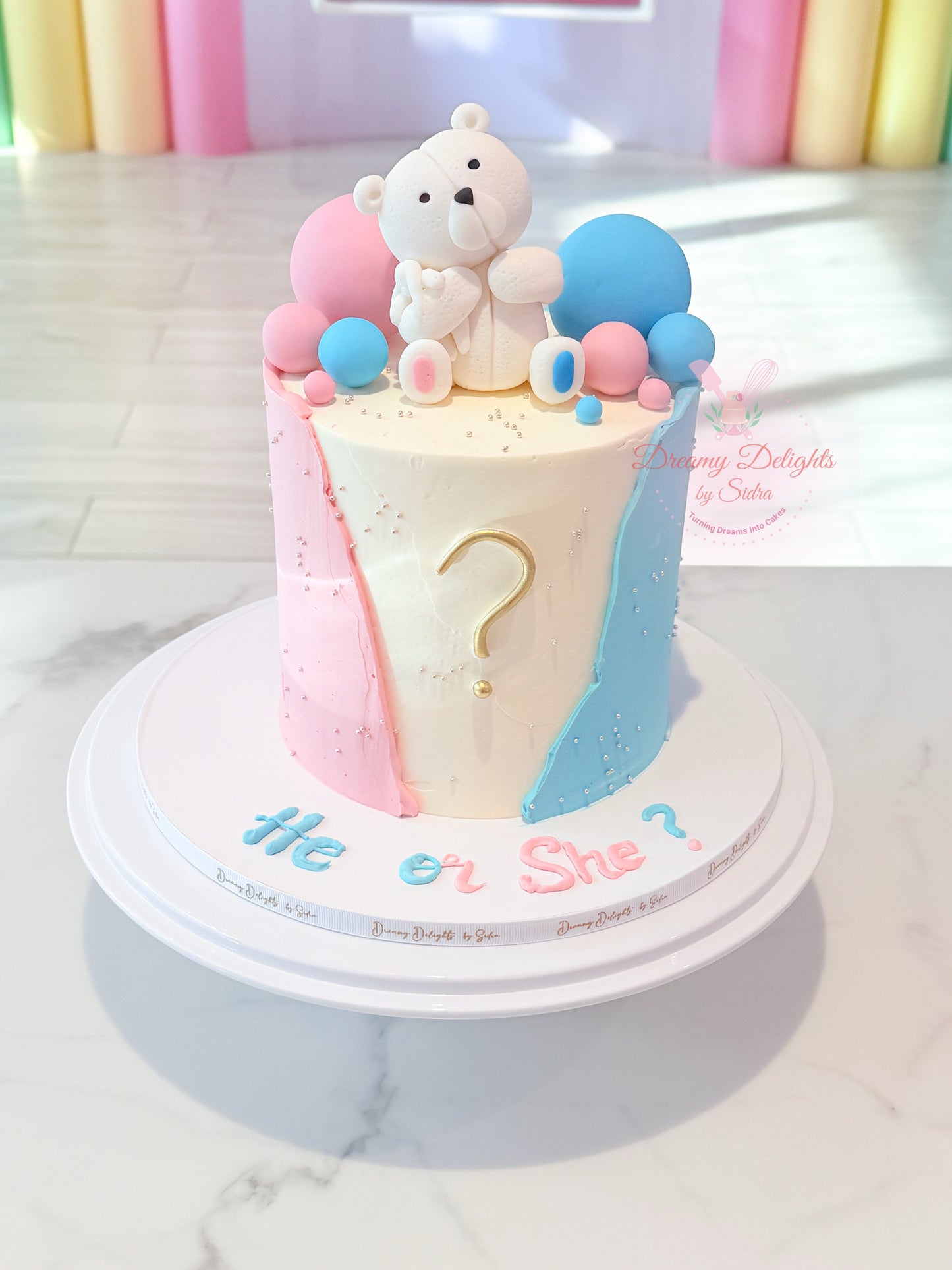 White Teddy Baby Shower Cake