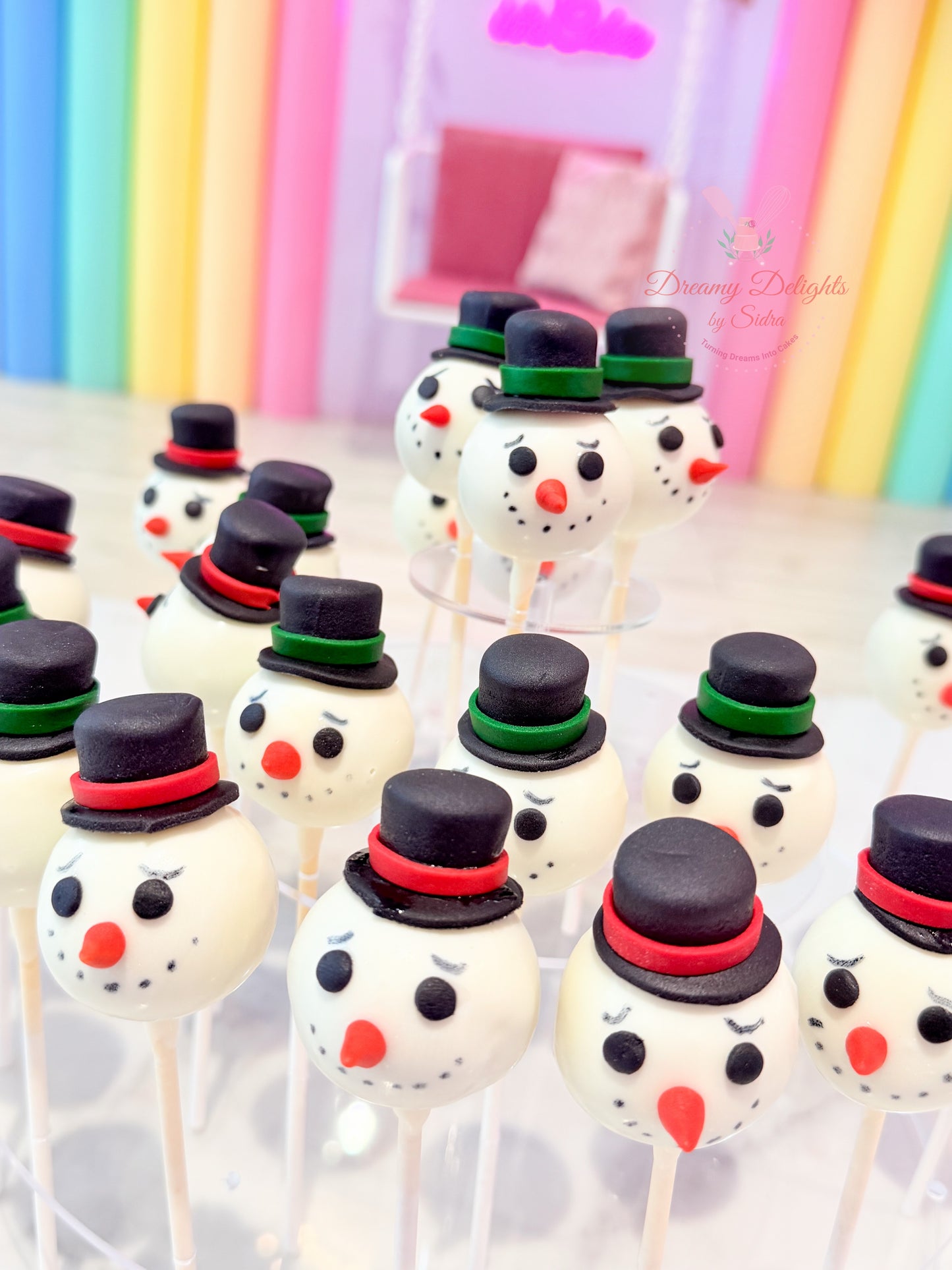 Snowman-themed cake pops with colorful background