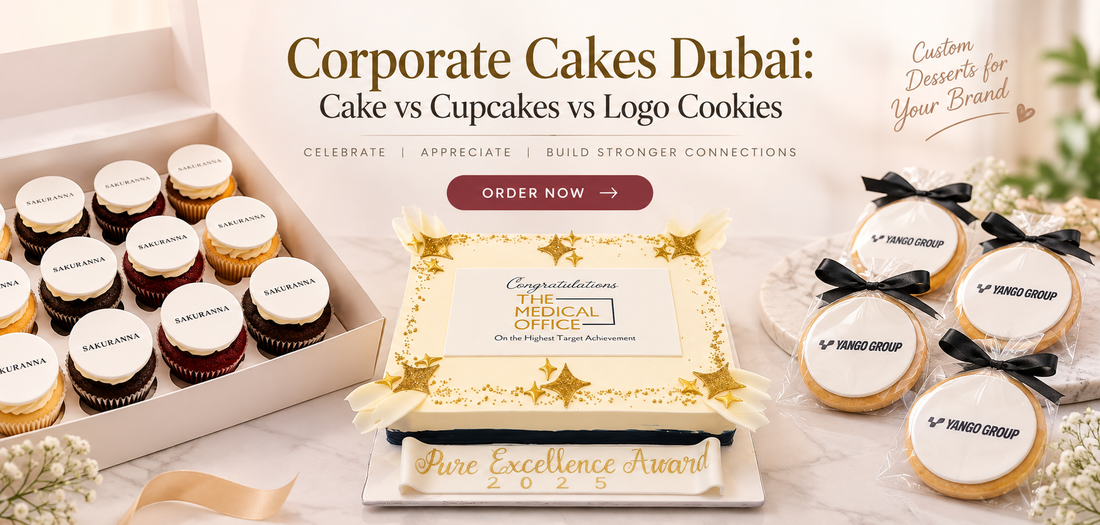 Corporate Cakes Dubai - Cake vs Cupcakes vs Logo Cookies