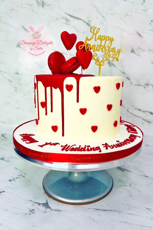 Red Macaron and Heart Anniversary Cake