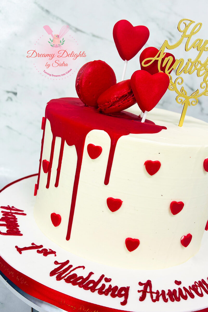 Red Macaron and Heart Anniversary Cake