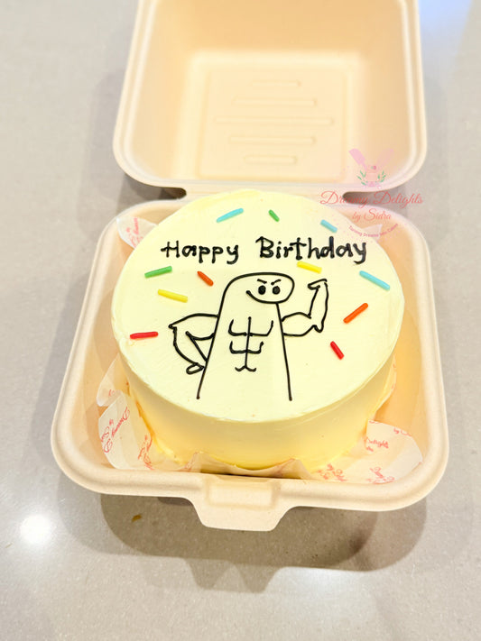 Small round birthday cake with 'Happy Birthday' text and cartoon character in a takeout container.