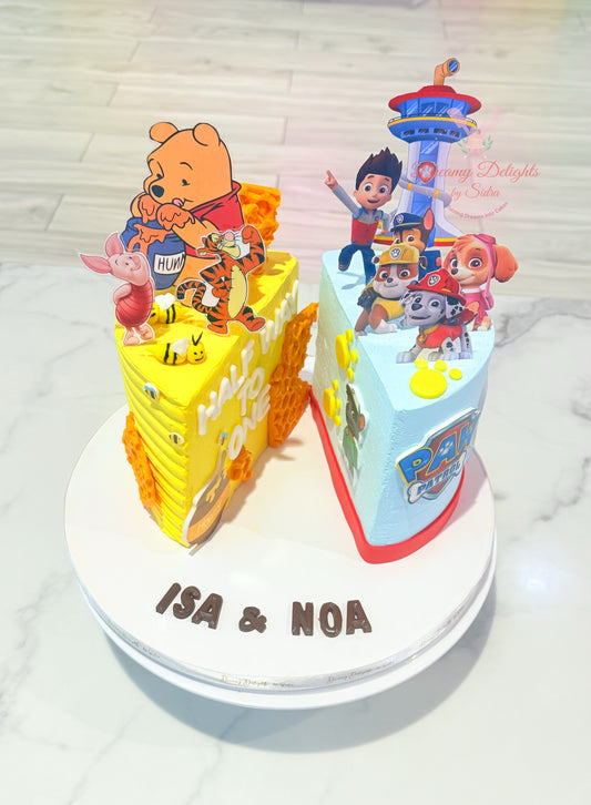 Half and Half Winnie the Pooh and Paw Patrol Cake