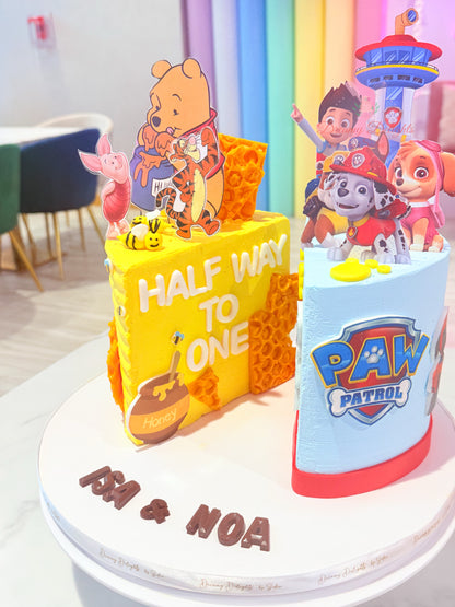 Half and Half Winnie the Pooh and Paw Patrol Cake
