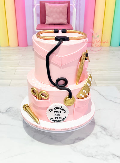 Doctor graduation cake Dubai — congratulations medical graduation cake with stethoscope by Dreamy Delights by Sidra