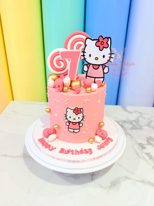 Pink birthday cake with Hello Kitty design and number 7 candle against a colorful background