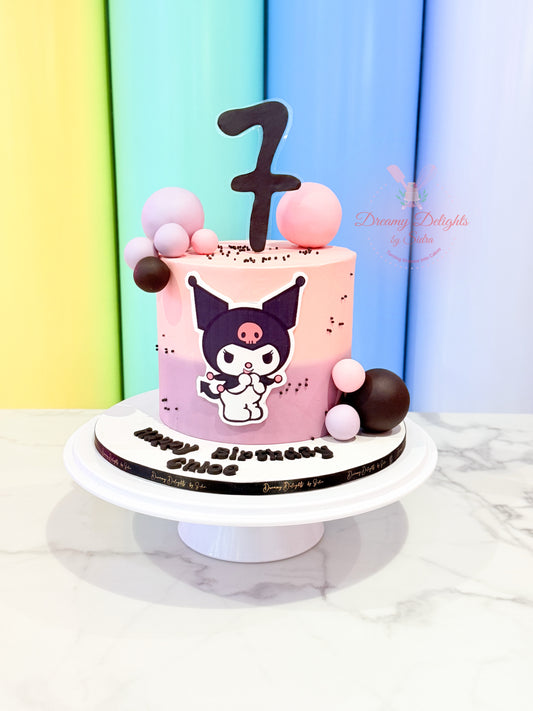 Birthday cake with character design and number 7 on top, against a colorful background.