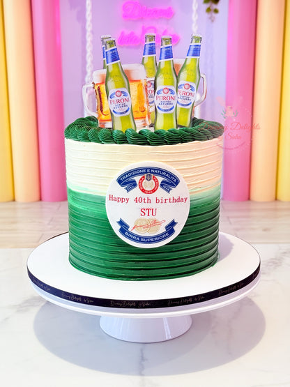 Birthday cake with green and white striped design and beer bottles on top, against a colorful background.