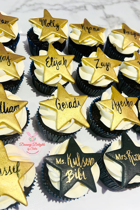 Personalised end of year star cupcakes in Dubai with individual student names on a display board for school leavers party
