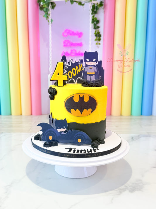 Batman-themed birthday cake with colorful background