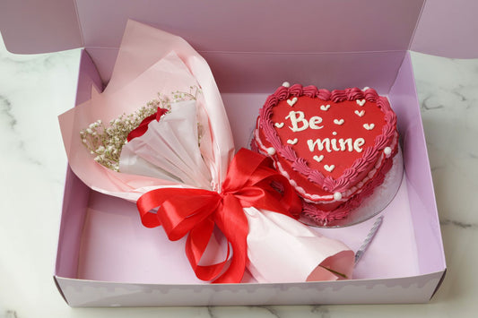 Be Mine Valentine’s Day heart cake with fresh rose and candle in gift box by Dreamy Delight by Sidra