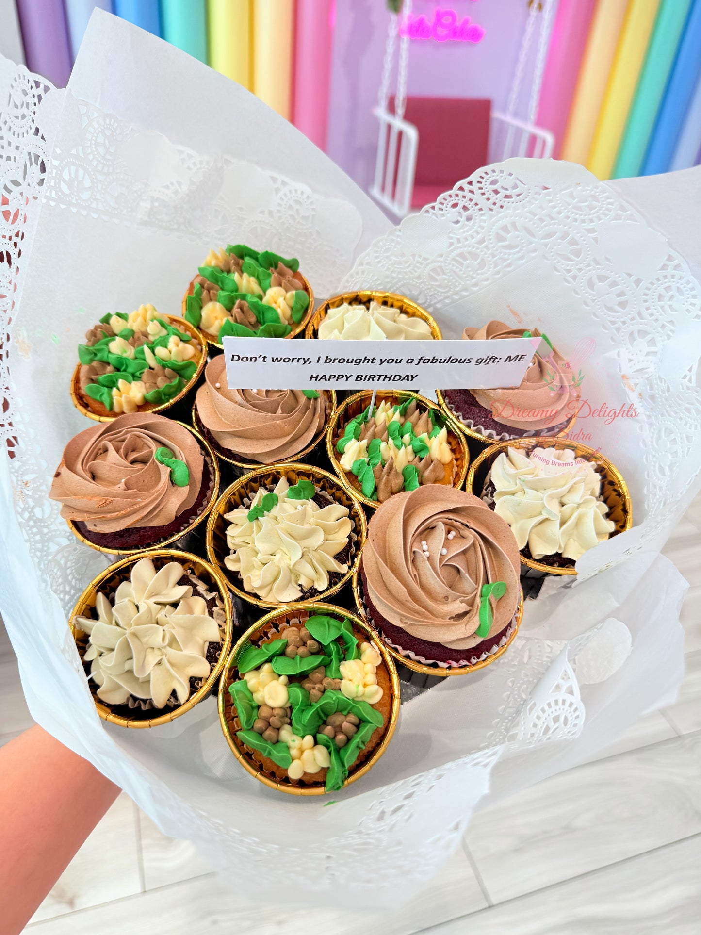 Birthday cupcake bouquet with 12 cupcakes beautifully arranged in Dubai