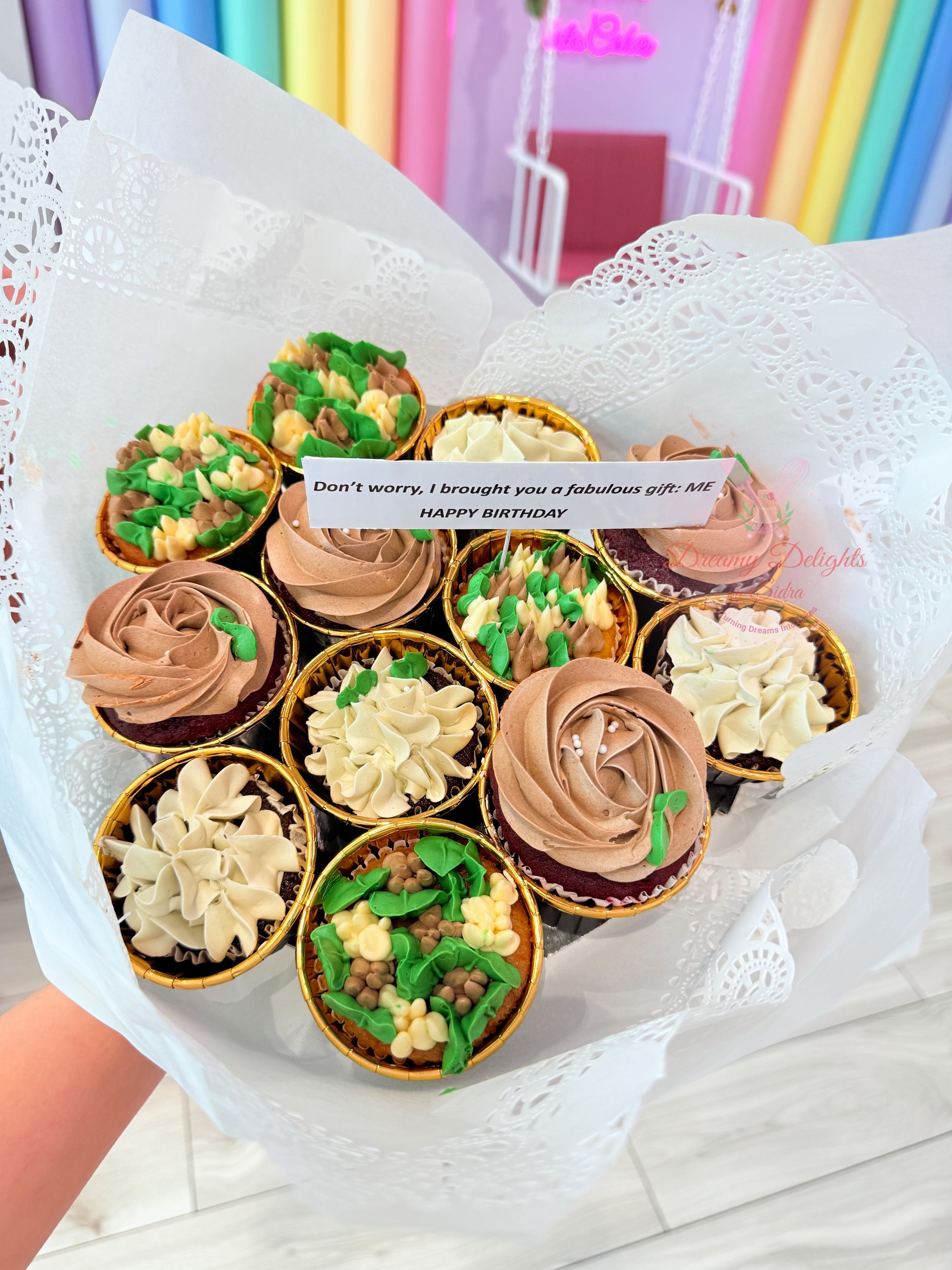 Birthday cupcake bouquet with 12 cupcakes beautifully arranged in Dubai