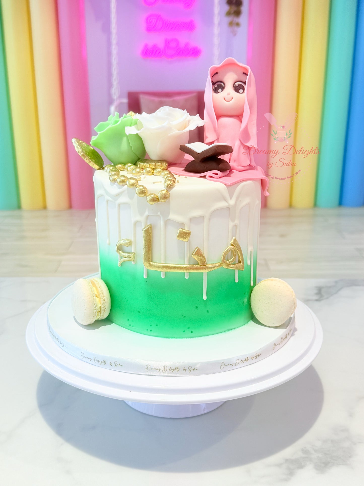 Decorative cake with a character figure and floral elements on a colorful background