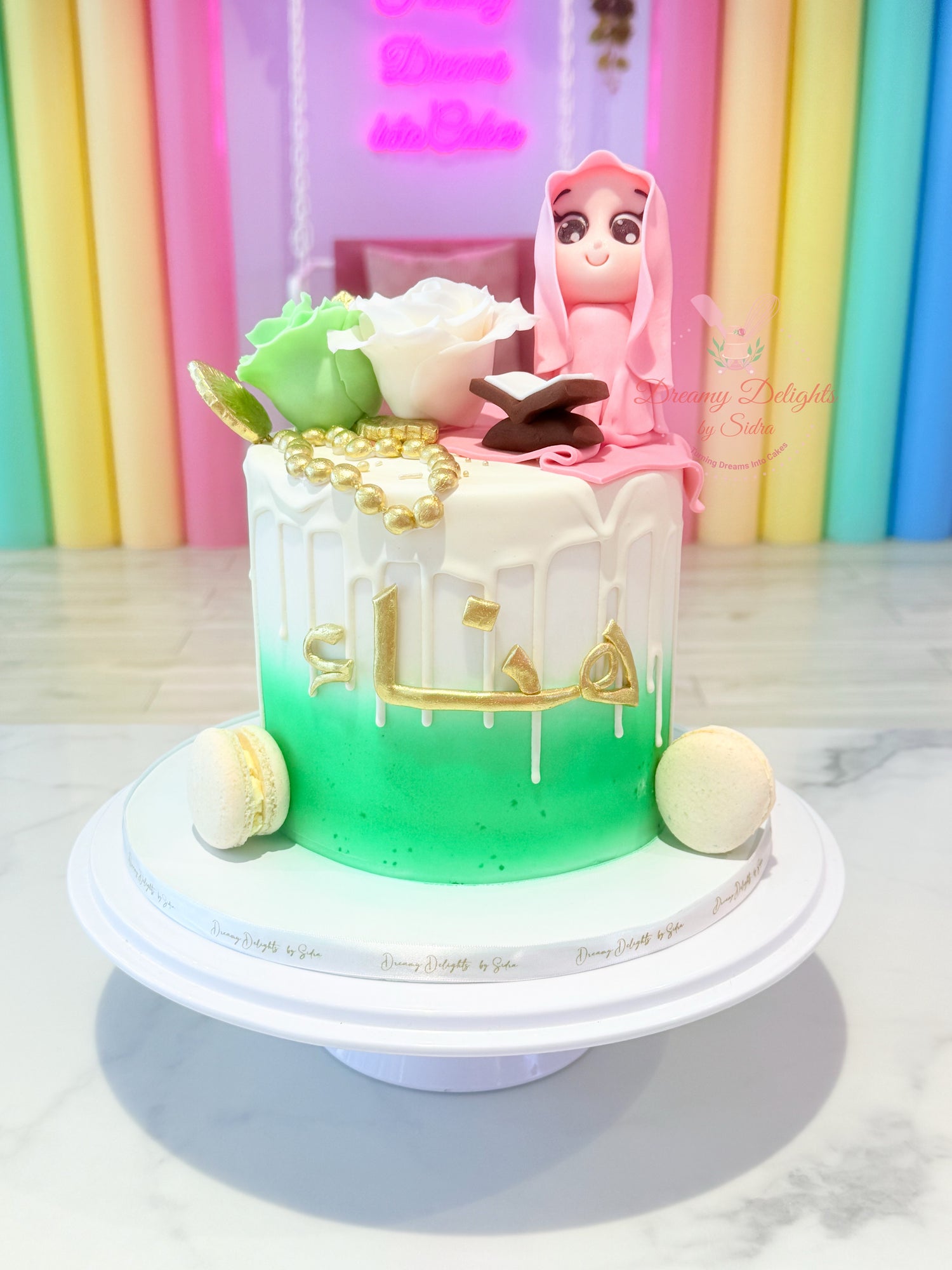 Decorative cake with a character figure and floral elements on a colorful background