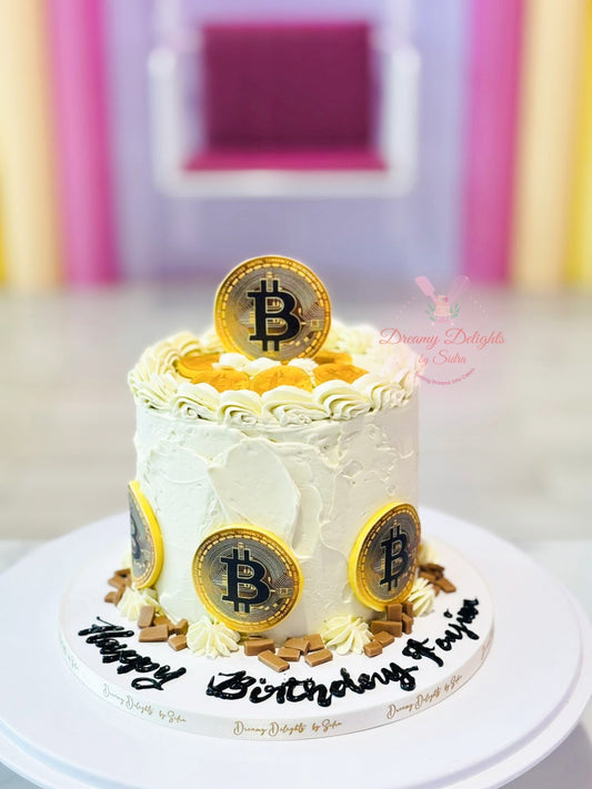 Bitcoin themed birthday cake with edible coin toppers and cream frosting for him in Dubai