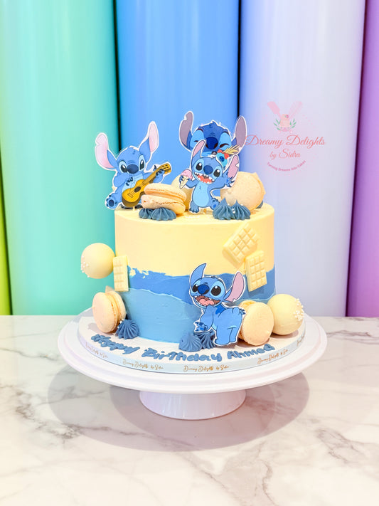 Cake with cartoon character on a white marble surface with colorful background