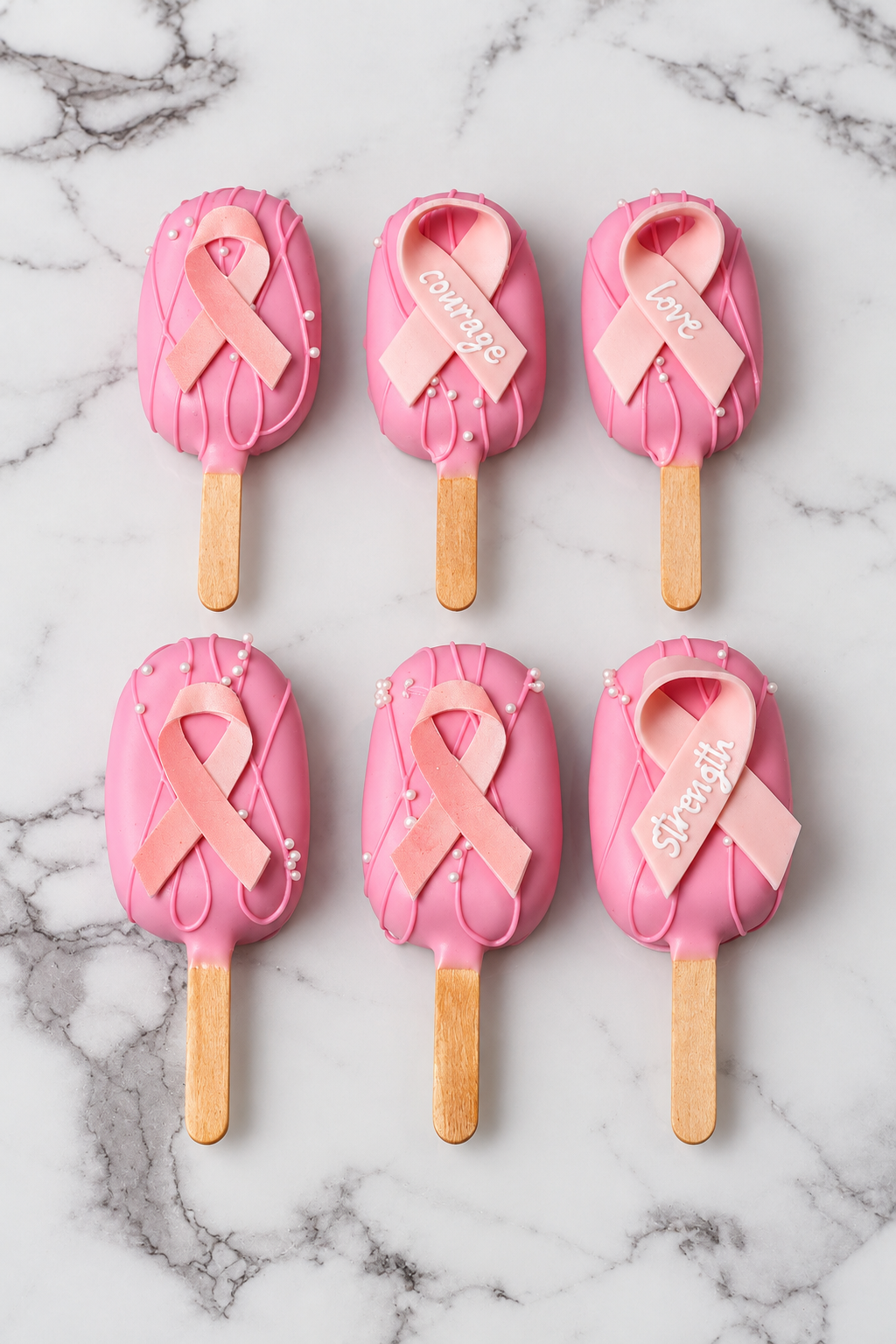 Breast cancer awareness pink cakesicles with ribbon decorations in Dubai