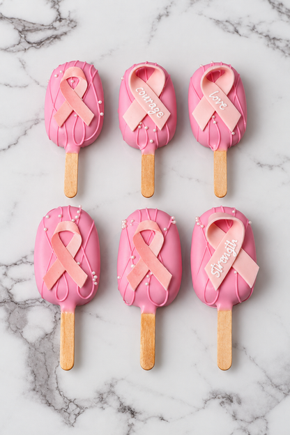 Breast cancer awareness pink cakesicles with ribbon decorations in Dubai