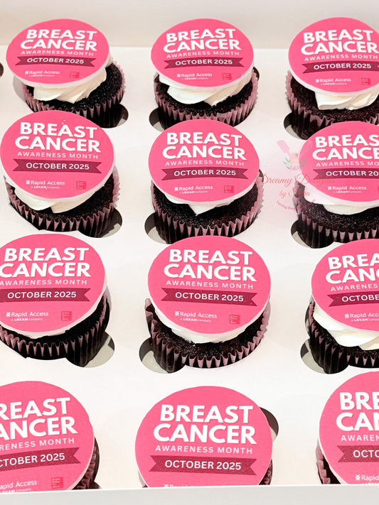 Breast cancer awareness themed cupcakes with custom edible toppers in Dubai