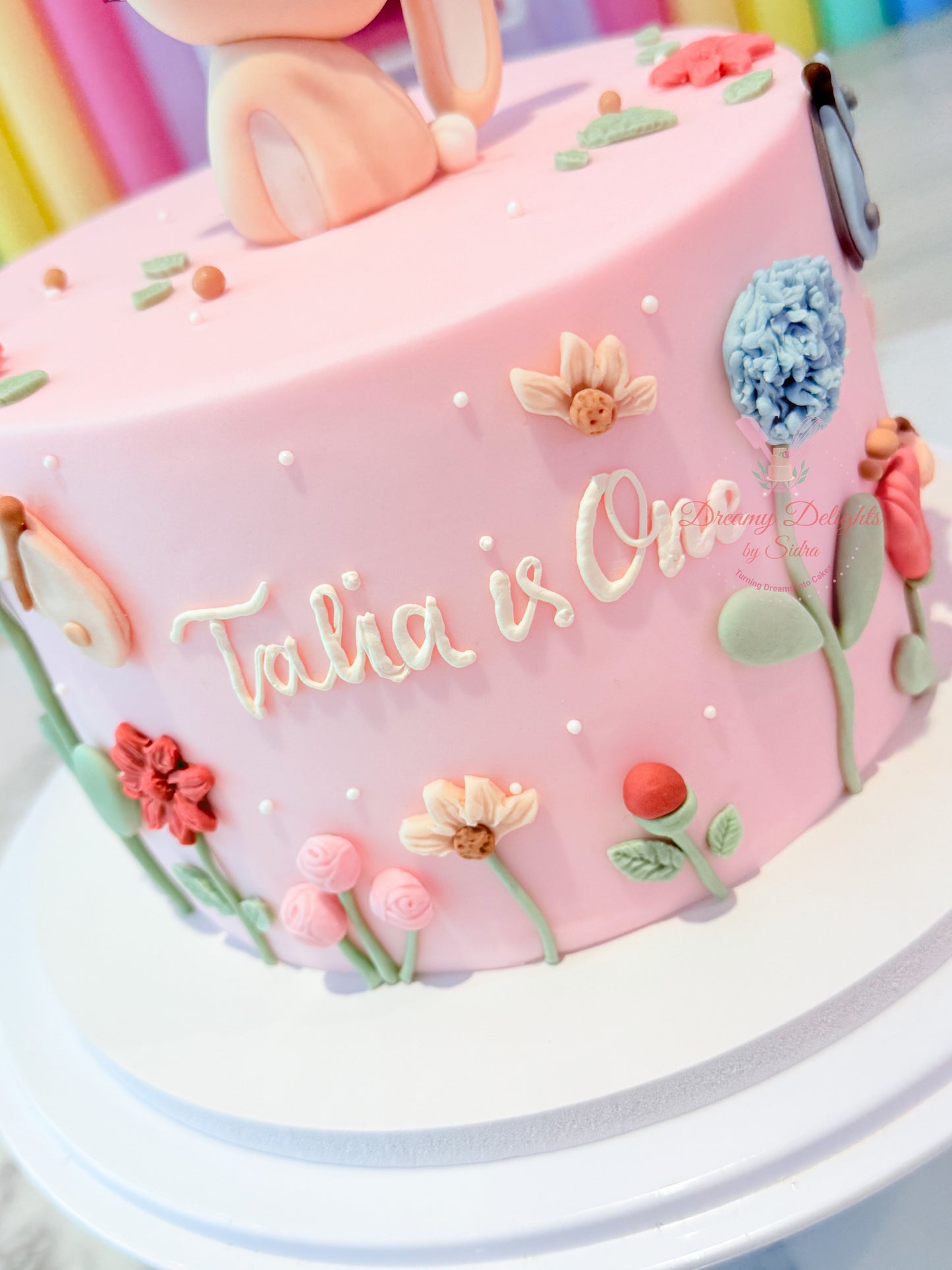 Bunny Flowers First Birthday Cake