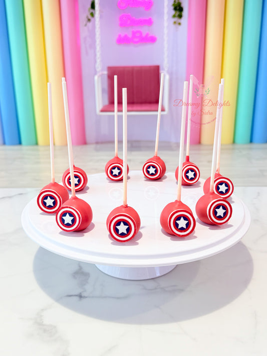 Captain America themed cake pops with edible superhero shield decoration for birthday parties in Dubai.