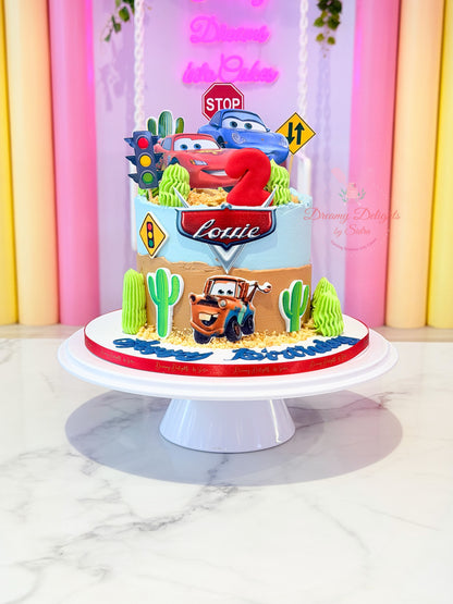 Cars theme birthday cake with Lightning McQueen decorations in Dubai