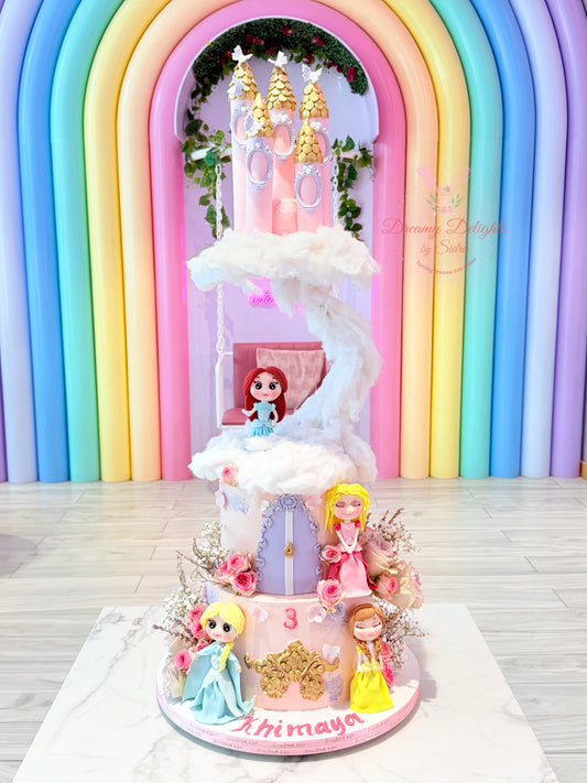 Castle in the Air princess cake Dubai with floating castle, pastel tiers, roses and princess figurines by Dreamy Delights by Sidra.