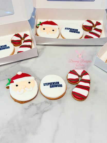 Christmas corporate gifting cookies set with Santa cookie, company logo cookie, and candy cane cookie in Dubai