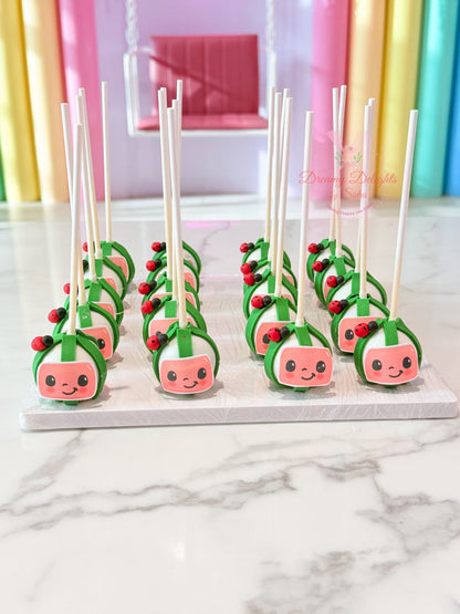 Cocomelon themed cake pops with edible decorations for kids birthday parties and celebrations in Dubai.