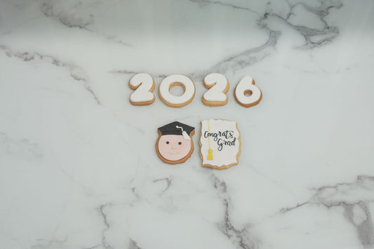 Congrats Grad Cookie Set featuring Class of 2026 graduation cookies and graduation-themed designs for school and university graduation celebrations
