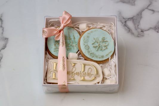 Corporate Eid cookie bundle gift box with Eid Mubarak cookies elegant festive cookies Dubai