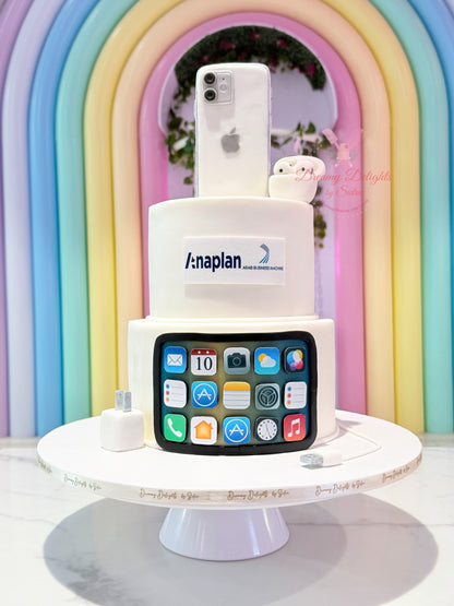 Corporate logo cake Dubai with phone design and branded company logo by Dreamy Delights by Sidra