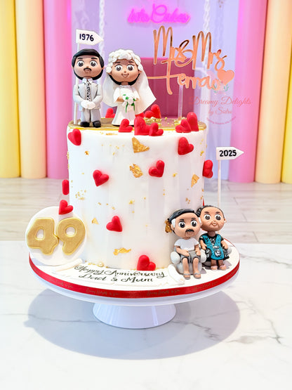Couple anniversary timeline cake with figurines, year markers and acrylic topper for wedding anniversary in Dubai