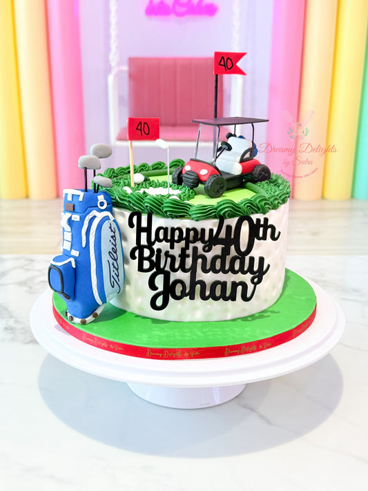 Birthday cake with golf theme and 'Happy 40th Birthday Johan' text on a colorful background.