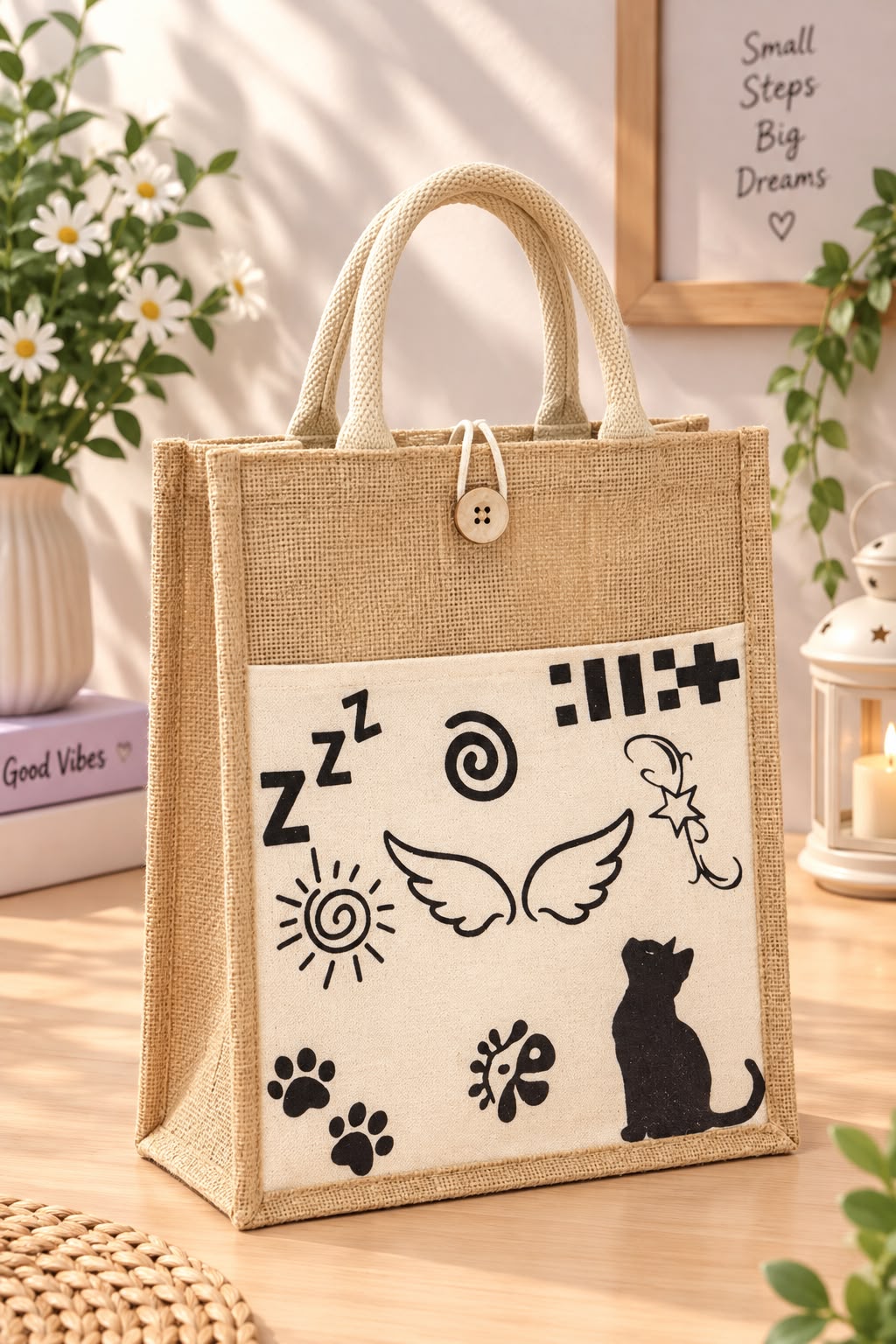 A natural jute tote bag with cream canvas panels, featuring black cat-themed doodles and graphics including a cat silhouette, paw prints, wings, and 'Z Z Z' text. The bag is styled on a wooden table with a vase of daisies, a book, and a lantern in a warm, sunlit room.