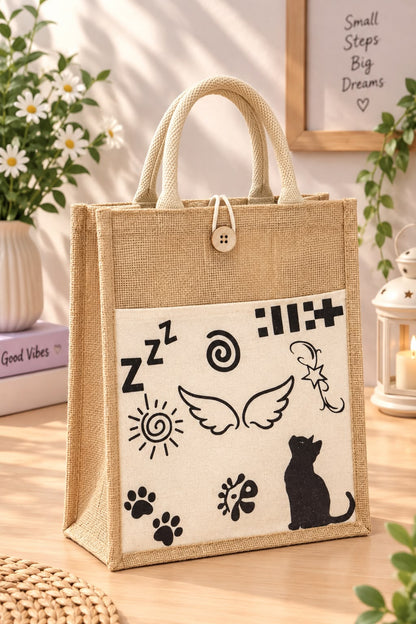 A natural jute tote bag with cream canvas panels, featuring black cat-themed doodles and graphics including a cat silhouette, paw prints, wings, and 'Z Z Z' text. The bag is styled on a wooden table with a vase of daisies, a book, and a lantern in a warm, sunlit room.