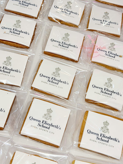 Custom square logo cookies with branded school design