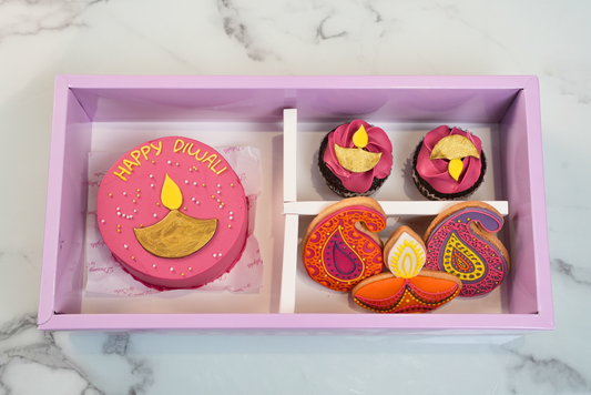 Pink Diwali diya bento cake bundle with 2 cupcakes and 3 festive cookies by Dreamy Delights by Sidra in Dubai