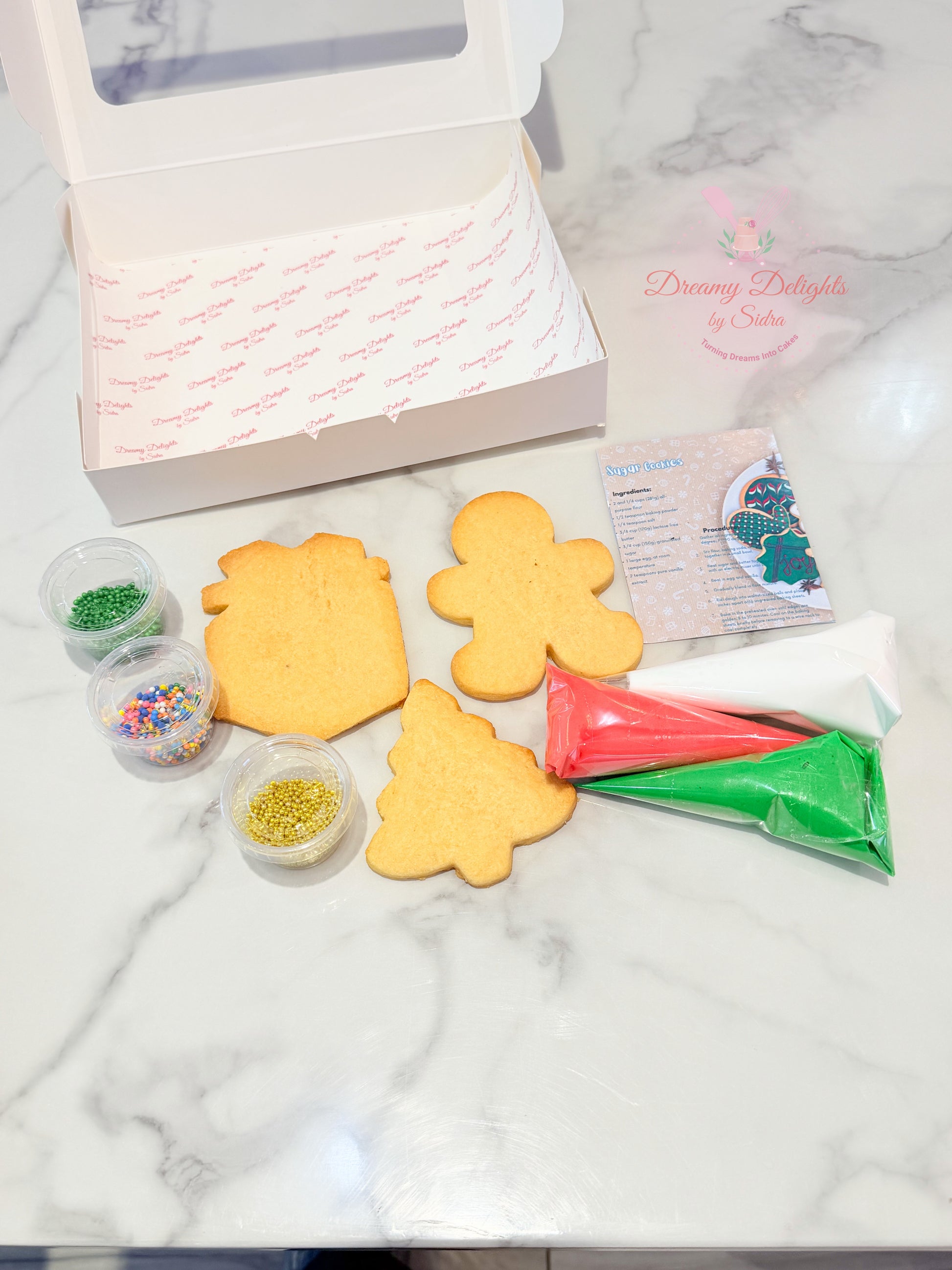 DIY Christmas cookie kit with icing and sprinkles, perfect for kids, families, and festive decorating activities, freshly made