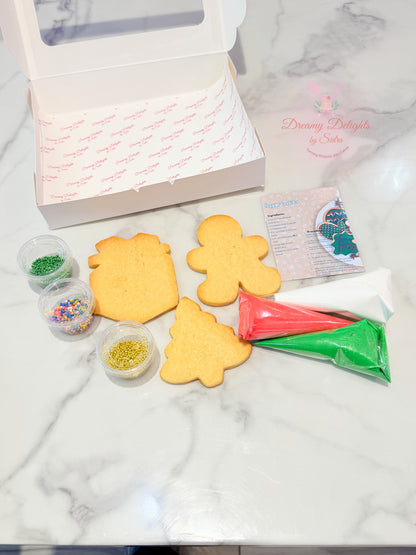 DIY Christmas cookie kit with icing and sprinkles, perfect for kids, families, and festive decorating activities, freshly made
