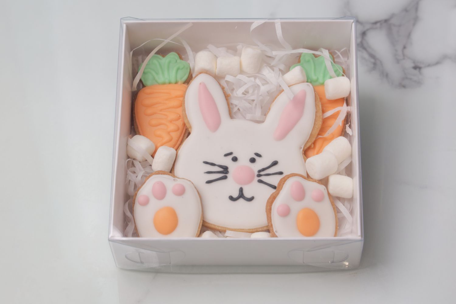 Easter bunny cookie box Dubai with decorated cookies and marshmallows