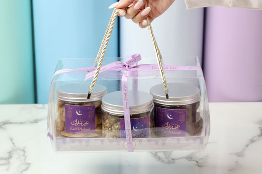 Eid jar hamper dessert gift box with cookies and date balls festive sweets Dubai
