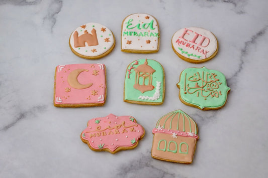 Eid Mubarak decorated cookies with mosque lantern and crescent designs Dubai