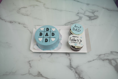 Father's Day Bento Bundle with mini cake and two decorated cupcakes for Father's Day 2026 celebrations in Dubai.