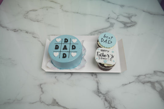 Father's Day Bento Bundle with mini cake and two decorated cupcakes for Father's Day 2026 celebrations in Dubai.