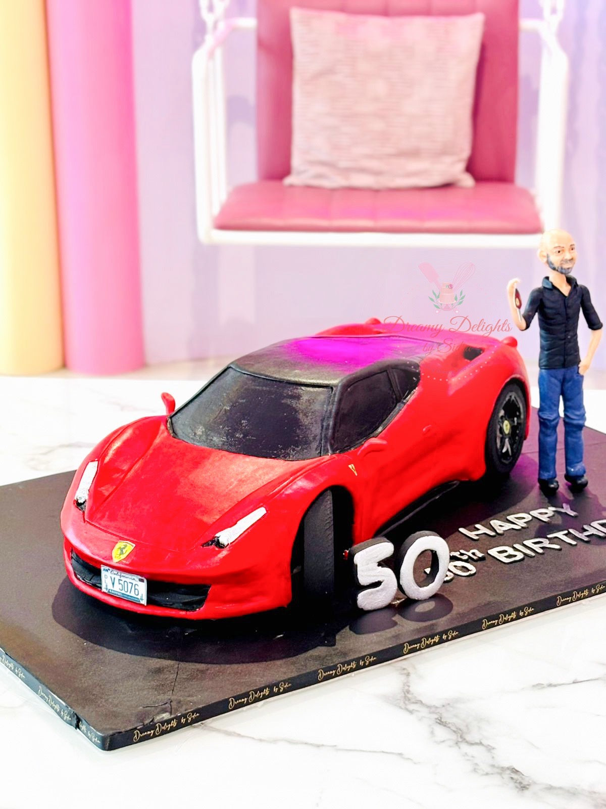Realistic Ferrari car cake for men birthday with custom age detail and luxury design in Dubai